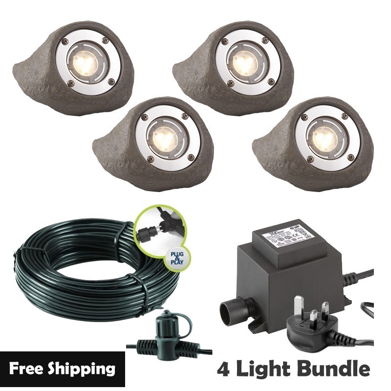 Techmar Garden Lighting UK Outdoor Lights Low Voltage Lapis LED Waterproof Rock Light Bundle - 4 Light Kit. 1