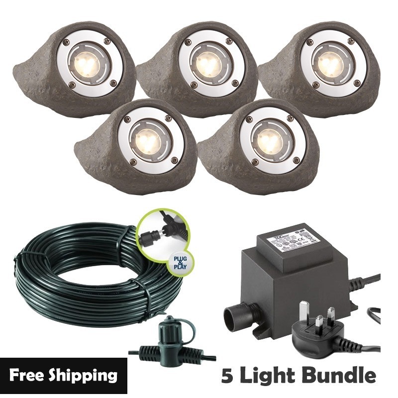 Techmar Garden Lighting UK Outdoor Lights Low Voltage Lapis LED Waterproof Rock Light Bundle - 5 Light Kit. 1