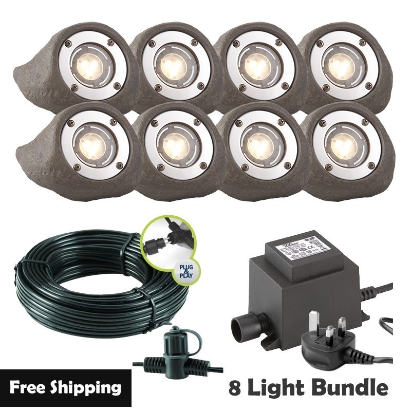 Techmar Garden Lighting UK Outdoor Lights Low Voltage Lapis LED Waterproof Rock Light Bundle - 8 Light Kit. 1