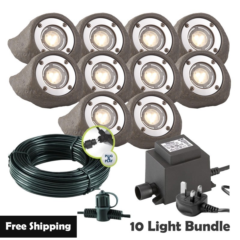Techmar Garden Lighting UK Outdoor Lights Low Voltage Lapis LED Waterproof Rock Light Bundle - 10 Light Kit. 1