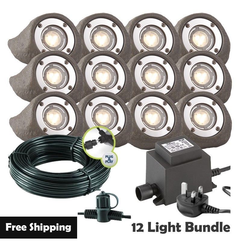 Techmar Garden Lighting UK Outdoor Lights Low Voltage Lapis LED Waterproof Rock Light Bundle - 12 Light Kit. 1