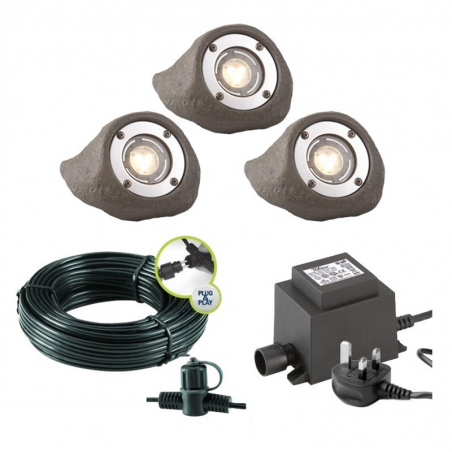 Techmar Garden Lighting UK Outdoor Lights Low Voltage Lapis LED Waterproof Rock Light Bundle - 3 Light Kit. 4