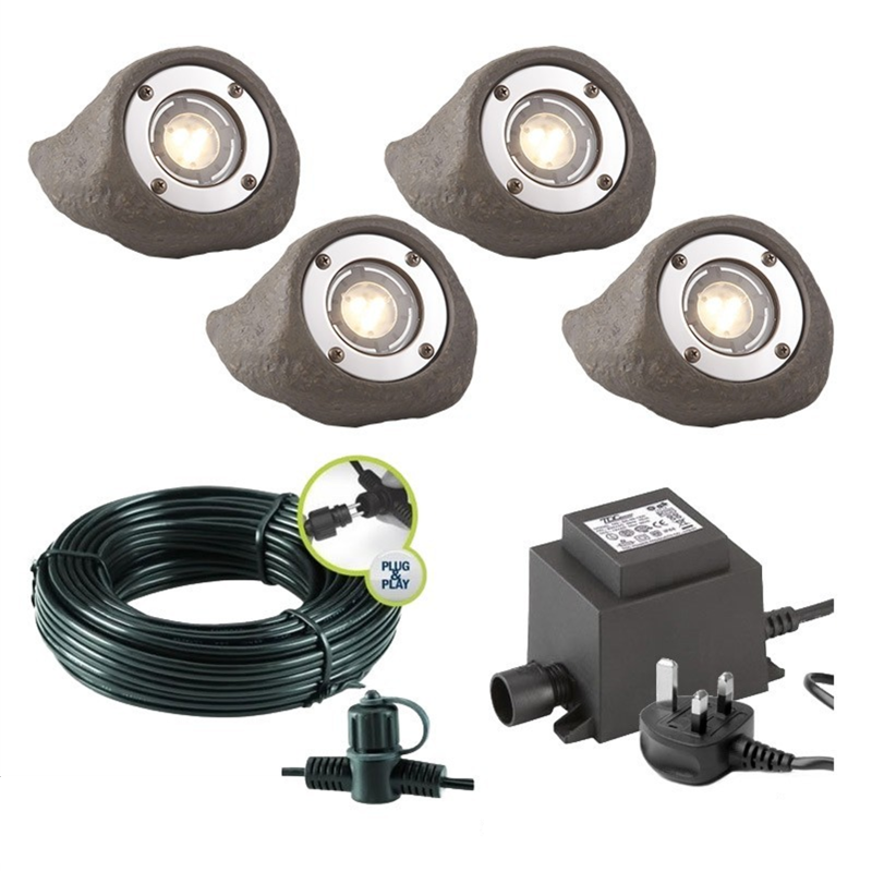Techmar Garden Lighting UK Outdoor Lights Low Voltage Lapis LED Waterproof Rock Light Bundle - 4 Light Kit. 4