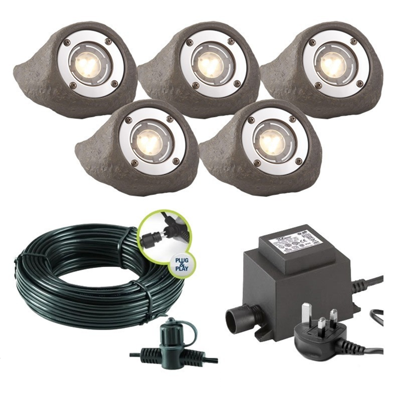 Techmar Garden Lighting UK Outdoor Lights Low Voltage Lapis LED Waterproof Rock Light Bundle - 5 Light Kit. 4